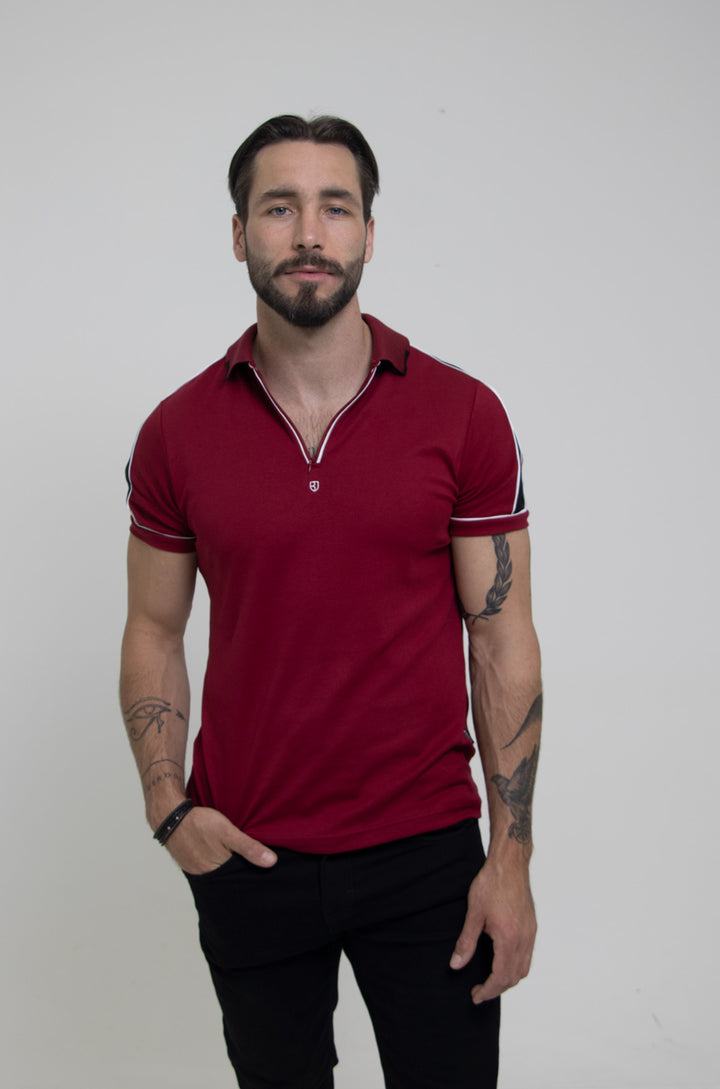 PLAYERA POLO SLIM ALGODÓN PIMA | TINTA CON CREMALLERA Y DETALLES NEGROS Y BLANCOS EN HOMBROS